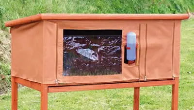 A hutch with a cover protecting it